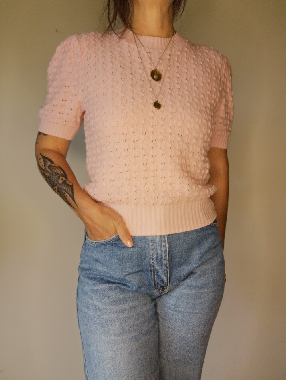 70s Bubblegum Pink Puff Sleeve Sweater